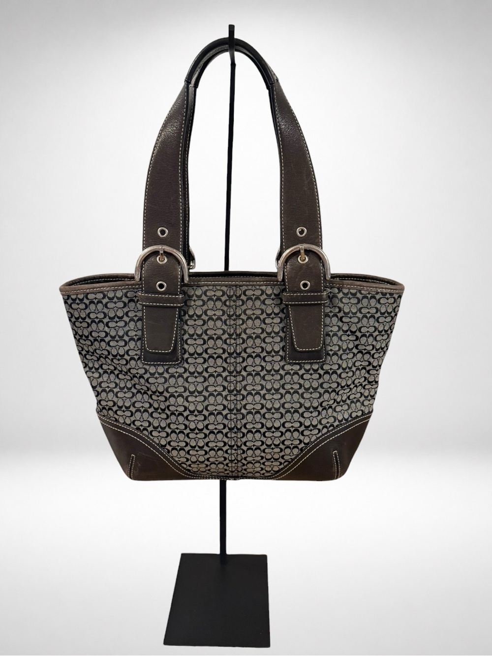 COACH Y2K 2003 Signature Soho Shoulder Tote Bag Gray Black Jacquard Leather